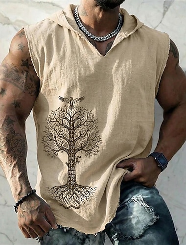  Herren-Weste im Wikinger-Stil mit Yggdrasil-Motiv, nordischem Lebensbaum, Rabenrunen, heidnischem Boho-Stil, ärmellos, Kapuze, Grafik, ausgefranstem Saum, Baumwoll-Leinen-Mischgewebe, lockerer