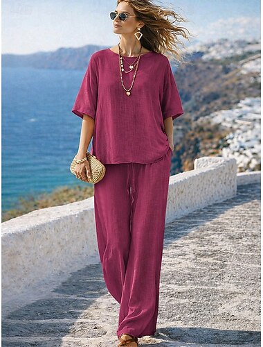  Conjuntos de pantalones de lino para mujer, 15% lino, básicos, color liso, bolsillo, cintura elástica, camiseta, pantalón, uso diario, calle, manga larga, cuello redondo, azul, negro, blanco, azul