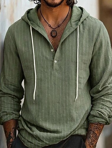  Hombre Camisa Camisa de lino Camisa de verano Ropa de playa Camisa con capucha Camisas de rayas Tiras verticales Casual Vacaciones Negro Blanco Azul Marino Verde Trébol Manga Larga Sudadera Verano