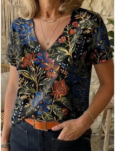  نسائي تي شيرت طباعة ورد الرسم النباتات عتيق أنيق كاجوال كم قصير V رقبة قمصان عادية فضفاض مناسب للبس اليومي عطلة نهاية الاسبوع أزرق أسود أخضر داكن أرجواني برتقالي الصيف الربيع