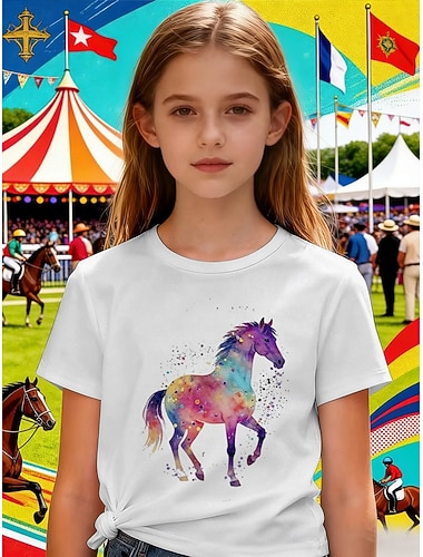  Kentucky Derby Flickor 3D Grafisk Häst T-shirt Kortärmad 3D-tryck Sommar Vår Sport Mode Streetwear Barn 4-12 år Rund hals Ledigt Dagligen Utomhus Normal