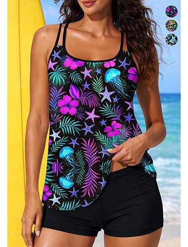  Mujer Regular Camiseta Protección Solar Surf Traje de baño con estampado floral Trajes de baño tankini Oceano Flores Tropical 2 Piezas Acolchado extraíble Boyleg Protección solar UV UPF50+ Elástico