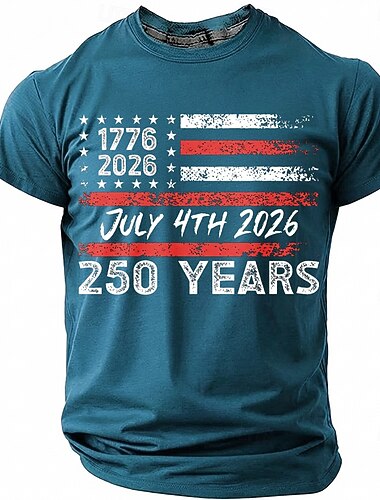  2026年7月4日 250周年 男性用 おかしい Tシャツ 半袖 Tシャツ 3Dプリント クルーネック シャツ ファッション デザイナー シンプル カジュアル 日常 パーティー ブルー ライトブルー レイクブルー 夏 春 衣類 S M L XL XXL XXXL