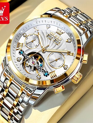 Olevs Skeleton herrklocka med automatiskt urverk, lyxigt armbandsur i tvåfärgat rostfritt stål med multifunktionskalender, vattentätt självlysande analogt mekaniskt armbandsur, present till män, make