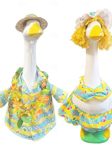  Roupas havaianas de verão para ganso, trajes tropicais de praia para ganso de concreto grande, inclui camisa havaiana, chapéu de palha, lei, conjunto de biquíni &peruca, decoração engraçada para