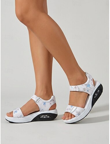  סנדלי נוחות פרחוניים לבנים לנשים - וו מתכוונן &רצועות לולאה, סוליית כרית אוויר, נעלי הליכה קלות משקל לקיץ, טיולים &ללבוש יומיומי