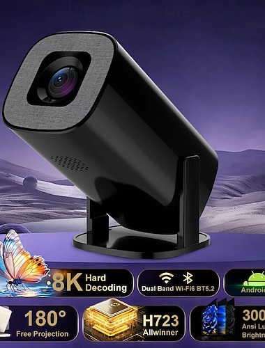  Smart projektor med Android 14, wifi 6, BT 5.2, 180° roterende bærbar projektor, 8k-dekoding, 300 ansi lumen, filmprojektor for hjemmet, utendørs, TV-pinne, iOS, Android, allwinner h723-brikke