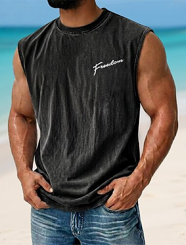  Voor heren FREEDOM Vest Top T-shirt met acid wash-effect Onderhemd Mouwloos T-shirt Grafische afdruk Strakke ronde hals Overhemd Vakantie Tropisch Modieus Dagelijks Vakantie Stranden Zwart Bruin Groen