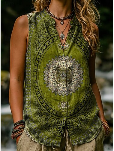  Per donna Camicia Gilet in cotone e lino Gilet di lino Bottoni Stampato Grafico Paisley Vintage Elegante Moderno Senza Maniche Collo alla coreana Top lunghi Casuale Quotidiano Verde Beige Estate