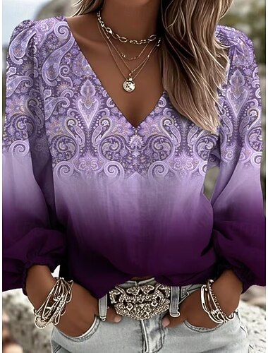  Dam Skjorta Blommig Grafisk Geometrisk bohemliv Semester Vintage Långärmad V-hals Långa toppar Ledigt Dagligen Helgdag Rödbrun Svart Purpur Beige Sommar Vår