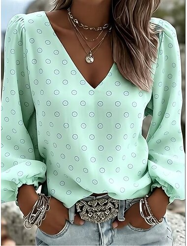  Pentru femei Cămașă Cămașă Boho Floral Grafic Elegant Boemia Vacanță Manșon Lung În V Topuri obișnuite Casual Zilnic Concediu Verde Deschis Albastru celest Vară Primăvară