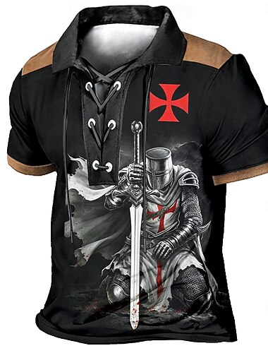  Herr Tempelriddare Pikétröjor Kortärmad Polotröjor Kavajslag Vintage Ledigt Streetwear Dagliga kläder 3D-utskrift Nättyg som andas Vår & sommar Blå Mörkbrun Svart