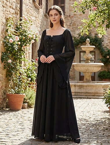  Médiéval Renaissance Chic Longueur cheville Robe Manches longues Fée Corset Couleur Unie Déguisement Femmes Fantaisie Halloween Carnaval Mascarade Foire de la Renaissance Soirée à thème rétro Adulte