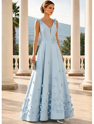  Ligne A Longueur au sol Robe de Soirée Tenue de soirée Élégant Pastel Mariage décontracté / de jour Sans manches Col en V Mariage Formel Satin avec Fleurs 3D
