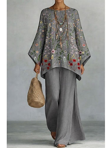  Damen Hosen-Sets Langarm Rundhals Blumen Grafik Druck Mode Streetwear Lässig Täglich Outdoor Purpur Grün Grau Sommer Lässiger Schnitt