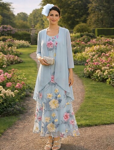  Tvådelad A-linje Ankellång Bröllopsgästklänning Klänning till brudens mor 3/4 ärm Rund hals Rundhals Elegant minimalist Ledigt Formell Semiformell Chiffong Organza Jacquard Sjal inkluderad med Veckad