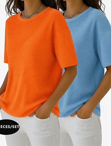  2er-Pack Damen-Waffel-T-Shirts, einfarbig, stylisch, Basic, klassisch, Kurzarm, Rundhalsausschnitt, normale Passform, lässig, für Strand und Freizeit, pink + orange