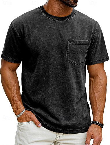  Voor heren T-shirt Overhemd van 100% katoen met zure wassing Korte mouw Strakke ronde hals Zomer Lente Alle seizoenen Effen Kleur Elegant Vintage Neutrale Zak Kledingstuk geverfd Verdrietig Casual