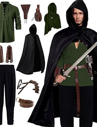  Średniowieczne Renesansowa Spodnie Płaszcz Pasek taliowy Długie rękawy Łucznik Ranger Strój na bal maskowy Męskie Wiking Bal maskowy Impreza Dla dorosłych Koszula Spodnie Płaszcz Na każdy sezon
