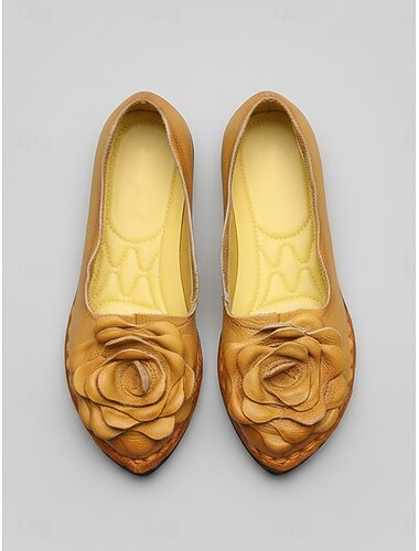  gule damesko i ekte skinn – komfortable slip-on-sko med bred passform og 3D-blomsterdetaljer, håndlagde retrosko for reiser &årstidsslitasje