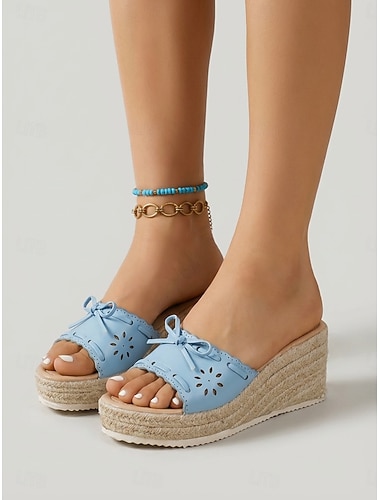 Sandales compensées espadrilles bleu clair pour femme - élégantes mules découpées au laser avec détail nœud, idéales pour les croisières de luxe et les fêtes estivales sur le pont. &vêtements de