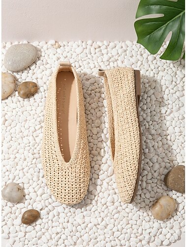  女性用編み込みストローバレエシューズ – 通気性に優れた軽量スリッポンシューズ、ビーチやリゾートに最適なボヘミアンバケーションスタイルの快適なフラットシューズ &アウトドア旅行