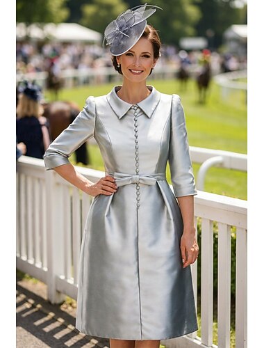  Linjeform Knelengde Festkjole Cocktail Kjole Gjestekjole til bryllup Kjole til brudens mor 3/4 ermer Skjortekrage Elegant Minimalistisk Bryllupsgjest Cocktailfest Formell kveld Elastisk satin med