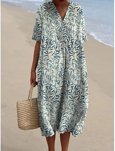  Damen Midikleid Shiftkleid Sommerkleid Urlaub Lässig Strand Täglich Ausgehen Lässiger Schnitt Ombre Blumen Grafik Kurzarm V Ausschnitt Champagner Hellgrün Grün Beige Sommer Frühling