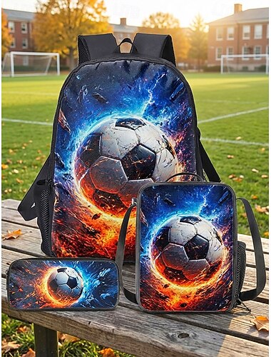  Kinderrugzak met voetbalprint, lunchtas en etui, 3-delige set, polyester schooltas met grote capaciteit en verstelbare schouderbanden voor school, reizen en buitensporten.