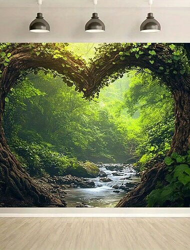  romantico albero a forma di cuore foresta fiume natura arazzo da parete foglie verdi bosco incantato paesaggio boschivo sfondo da appendere alla parete per camera da letto soggiorno decorazione casa