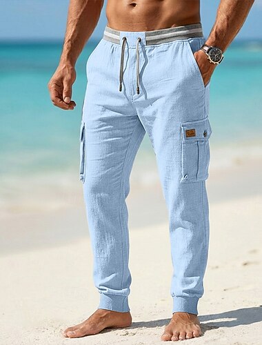  男性用 リネンパンツ サマーパンツ バギーパンツ ドローストリング 弾性ウエスト まっすぐな足 平織り 履き心地よい 高通気性 全長 カジュアル 日常 アウトドア 旅行度假风 ファッション ブルー ブラック 伸縮性あり