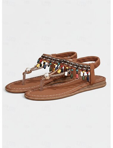  Sandalias planas con tiras en T y cuentas estilo bohemio para mujer con detalles de perlas, coloridas, ideales para vacaciones en la playa, festivales de verano y atuendos casuales.