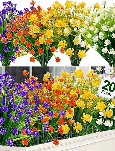  20 bunter kunstige blomster til utendørs bruk, sommer vårgress kamelia kunstige blomster plastplanter, UV-bestandig, falmer ikke, kunstig grønnsak til hage, veranda, kirkegårdsdekor