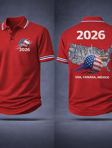  Coppa di calcio 2026 Per uomo Calcio Polo Manica Corta Magliette polo Bavero Casual Athleisure Stampa 3D Bottoni Estate Primavera Blu Bianco Rosso
