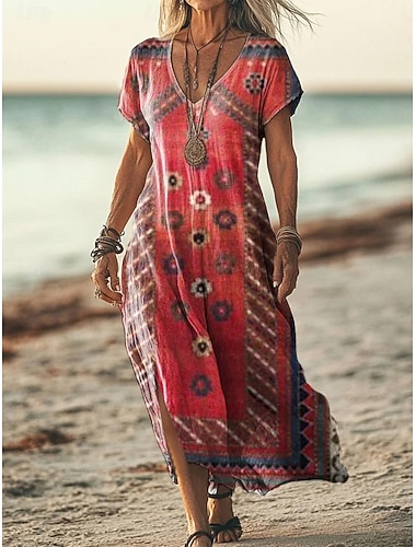  Damen Maxikleid Sommerkleid T-Shirt-Kleid A Linie Kleid Urlaub Lässig Strand Ausgehen Lässiger Schnitt Grafik Stammes Ethnisch Kurzarm V Ausschnitt Dunkelrot Wein Rote Sommer Frühling