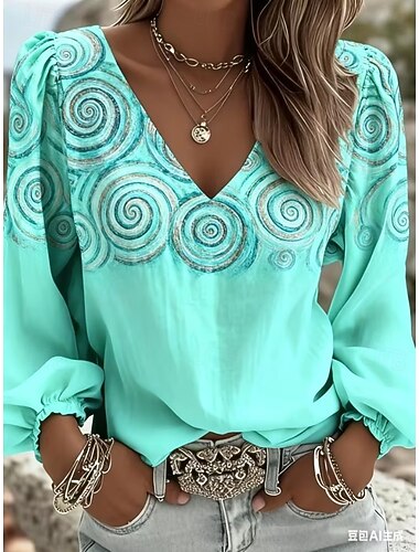  בגדי ריקוד נשים חולצה חולצת בוהו דפוס פרחוני גראפי פייסלי אלגנטית בוהמיה חופשה שרוול ארוך צווארון V חולצות ארוכות קזו'אל יומי חגים ירוק בהיר סגול בהיר כתום קיץ אביב
