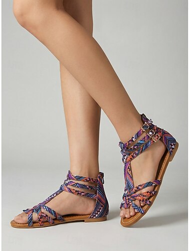  Sandales gladiateur tissées colorées pour femmes - sandales plates bohèmes vibrantes à brides multiples, idéales pour les vacances en station balnéaire et les festivals d'été &voyage tropical