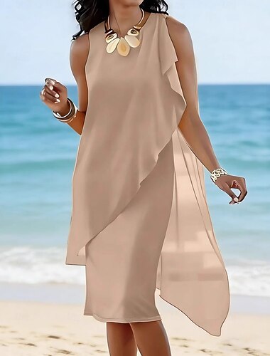  Damen Knielanges Kleid Chiffonkleid Elegant Mode Modern Strand Abendgesellschaft Party Lässiger Schnitt Einfach Ärmellos Rundhalsausschnitt Träger Schwarz Rosa Purpur Khaki Sommer Frühling Herbst