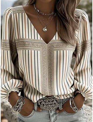  בגדי ריקוד נשים חולצה חולצת בוהו גראפי מופשט אלגנטית בוהמיה חופשה שרוול ארוך צווארון V חולצות רגילות קזו'אל יומי חגים צהוב חאקי קיץ אביב