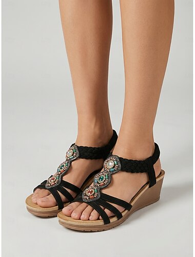  Sandálias femininas boêmias cor damasco com aplicações de pedras preciosas - tira em T com detalhes de joias, perfeitas para férias em resorts e casamentos na praia. &escapadelas tropicais