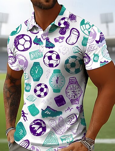  Fußball-Pokal 2026 Herren Fußball Poloshirts Kurzarm Polo-Shirts Revers Lässig Athleisure Ferien Alltagskleidung 3D-Druck Knöpfe Atmungsaktives Gewebe Frühling & Sommer Purpur Grün