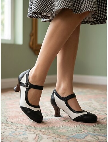  Escarpins Mary Jane vintage années 1950 pour femme - élégants escarpins Oxford bicolores noirs et blancs avec bout golf et talon bobine, parfaits pour les soirées rétro et le bureau. &danse swing
