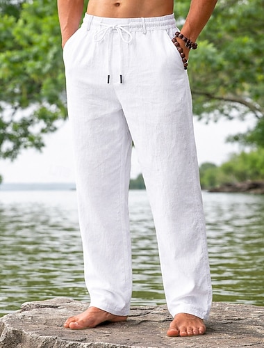  Herren Leinenhosen Sommerhose Strandhose Kordelzug Tasche Elastischer Bund Einfach Komfort Atmungsaktiv Täglich Strand Urlaub Urlaub Hawaiianisch Schwarz Weiß Unelastisch