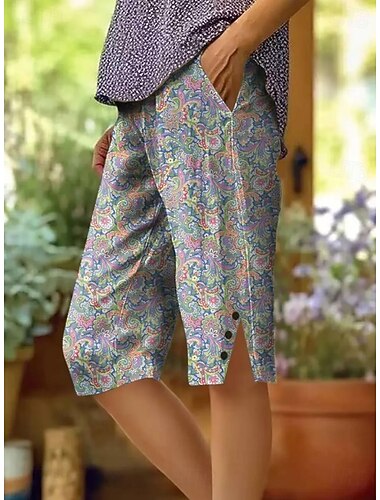  Dámské Bavlněné plátěné šortky Capri kalhoty prázdniny Vinobraní ve stylu pobřežní babičky Délka kolen Středně vysoký pas Květinový Grafika Kašmírový vzor Tisk Pohodlné Neelastické Denní Venkovn