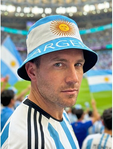  Omkeerbare polyester bucket hat voor heren, met print van de Argentijnse vlag, lichtgewicht voetbalpet voor wedstrijddagen, supporters, casual sport en outdoor kleding.