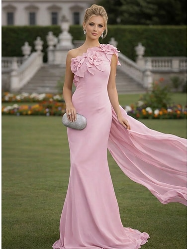  בתולת ים  חצוצרה מעטפת עמוד שובל סוויפ בראש שמלות ערב אלגנטית ללא שרוולים כתפיה אחת חתונה רשמי שמלה ורודה שיפון גב בדוגמת דרפה עם הדפס פרחוני פרחים תלת-ממדיים אסוף