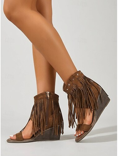  Dámské sandály s třásněmi a gladiátorským klínkem – bohémské kotníkové boty s střapci na podpatku pro hudební festivaly, letní dovolenou a venkovní párty