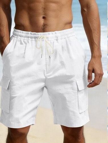  Pánské Bavlněné plátěné šortky Kraťasy Letní šortky Plážové šortky Šňůrky Kapsy Elastický pas Bez vzoru Pohodlné Prodyšné Délka kolen Venkovní Plážové Dovolená prázdniny Módní Černá Bílá Neelastické