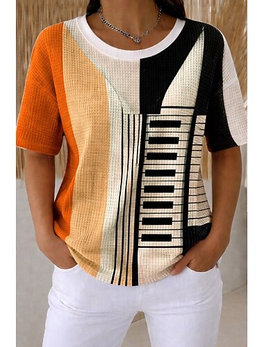  Per donna Maglietta Waffle Top a maglia con texture Top estivi Blocco di colore Grafico Geometrico Elegante Classico Manica Corta Girocollo Top Regolari Casuale Quotidiano Giallo+Arancione Arcobaleno