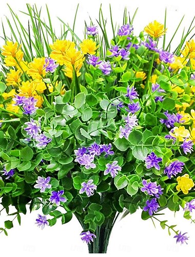  9 stuks kunstbloemen voor buiten, UV-bestendig, nepplanten, kunststof bloemen in bulkverpakking voor hangende plantenbakken, buitenvazen, veranda's, raamdecoratie (geel, paars, groen)